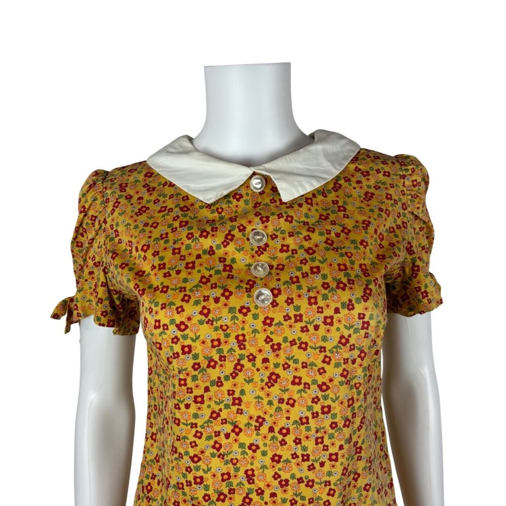Vintage 60s Mod Mini Dress Womens Small Yellow Floral Peter Pan Collar Handmade - Picture 3 of 11